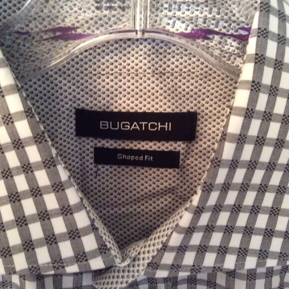 BUGATCHI MENS MEDIUM GRAY CHECKED SHAPED FIT LONG SLEEVE BUTTON UP SHIRT - Picture 5 of 6